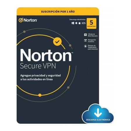 VPN NORTON SECURE VPN ESD, 1 AÑO, 5 DISPOSITIVOS, WIFI VPN